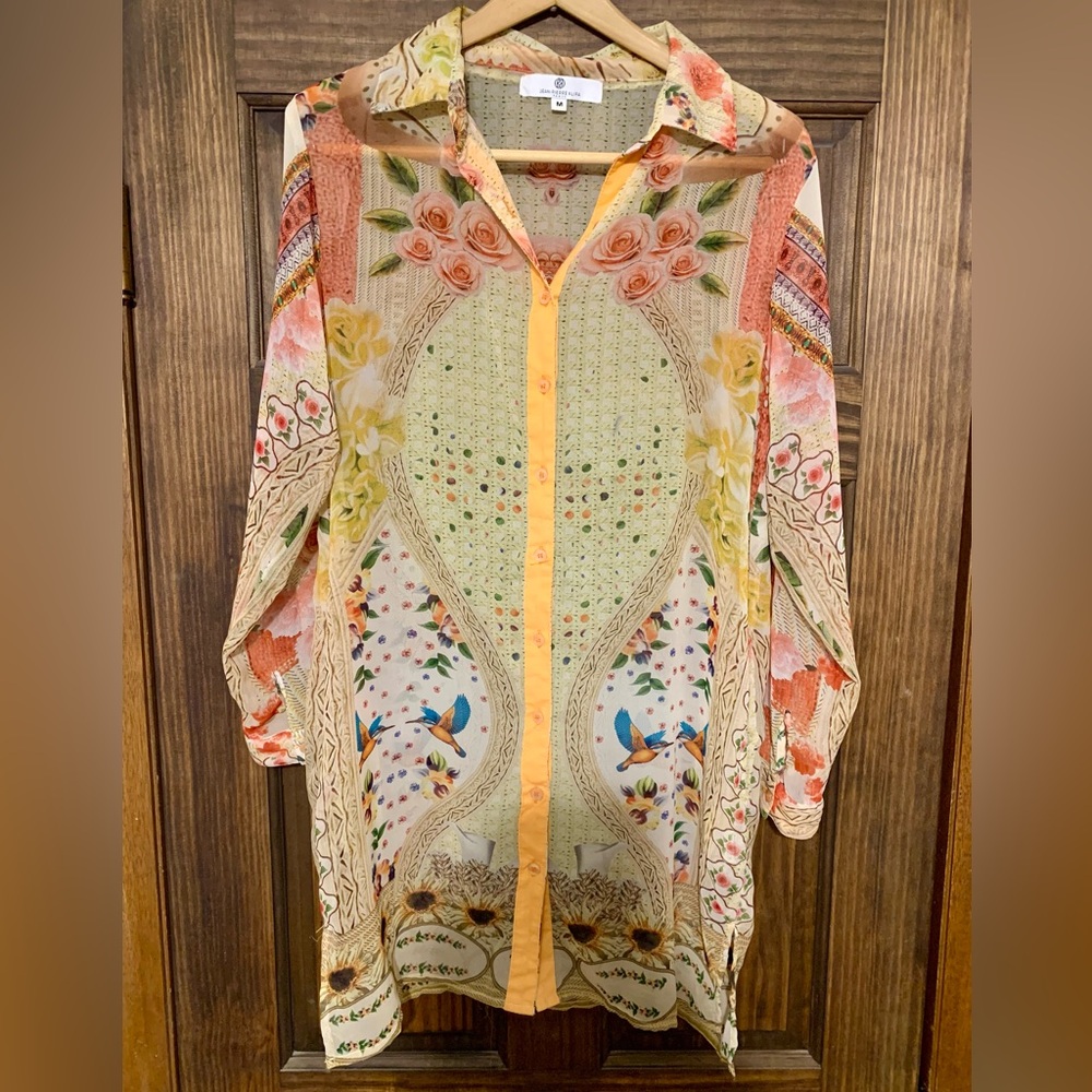Jean-Pierre Klifa Paris Sheer Floral Button Down Blouse with Pockets Size Medium